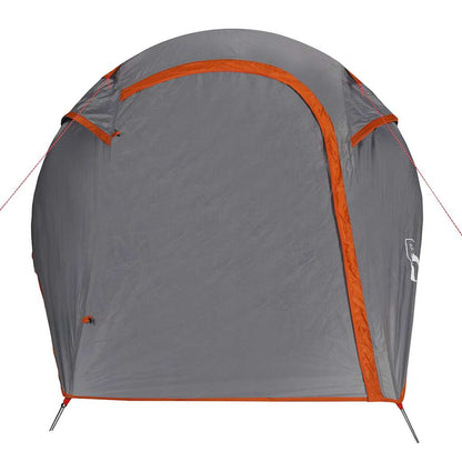 Detail van de grijs-oranje vidaXL tunneltent met waterdichte ingang en ventilatieopeningen.