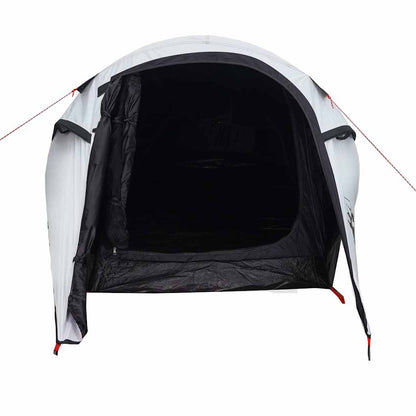 Detail van de ingang van de vidaXL 3-persoons tunneltent in wit, met verduisterende binnenzijde.