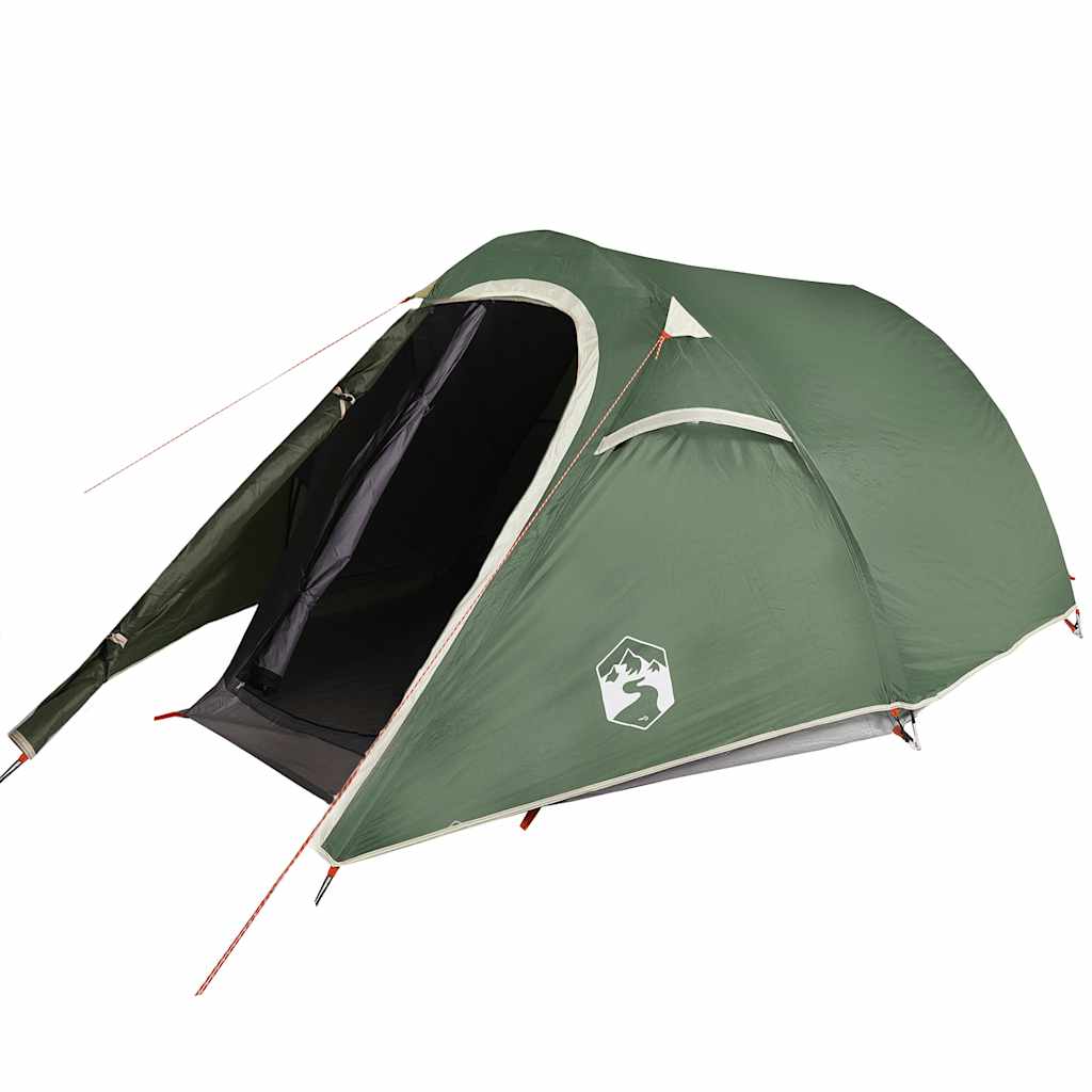 Detail van de vidaXL 2-persoons tunneltent in groen, met open ingang en ventilatierooster.