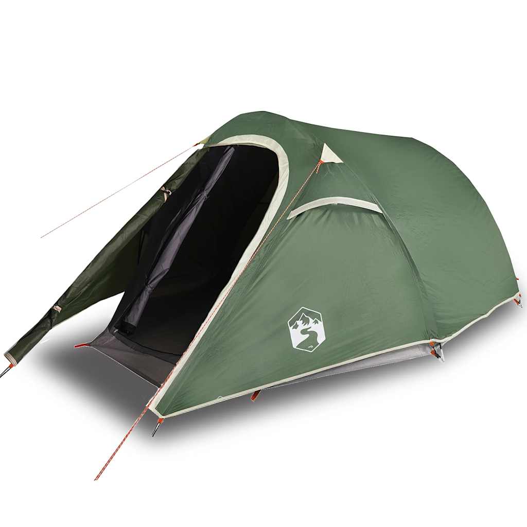 Detail van de vidaXL 2-persoons tunneltent in groen met open ingang en ventilatierooster.