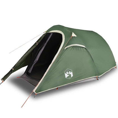 Detail van de vidaXL 2-persoons tunneltent in groen met open ingang en ventilatierooster.