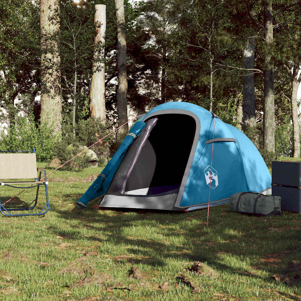 Detail van de vidaXL 2-persoons tunneltent in blauw, zijaanzicht met open ingang.