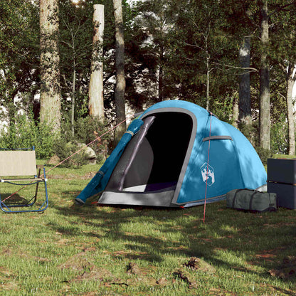 Detail van de vidaXL 2-persoons tunneltent in blauw, zijaanzicht met open ingang.