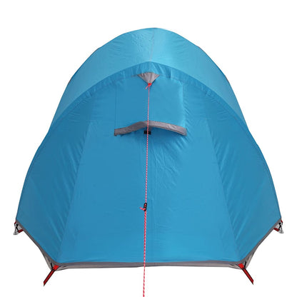 Detail van de blauwe vidaXL tunneltent met waterdichte bovenkant en ventilatierooster.