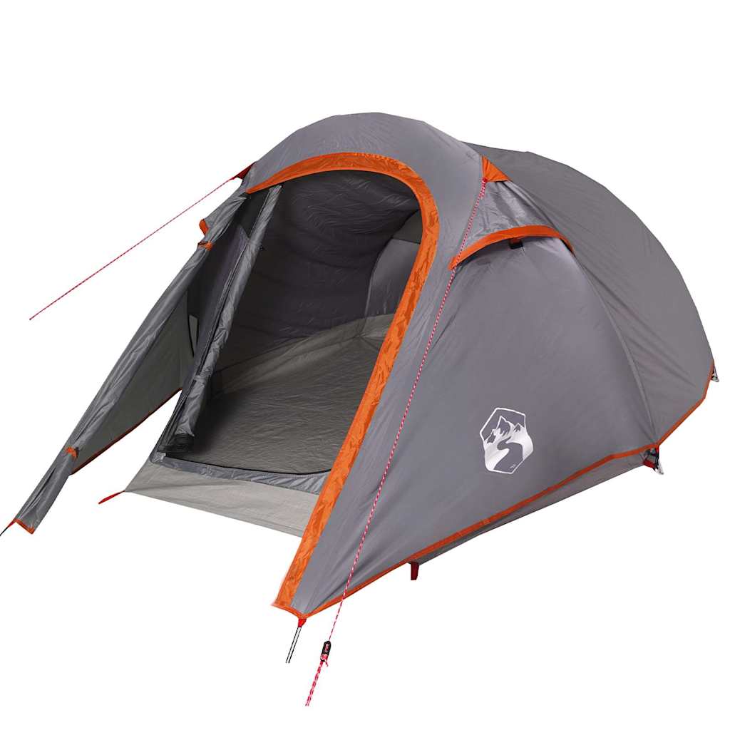 Detail van de grijs-oranje vidaXL tunneltent met open ingang en flexibele stokken.