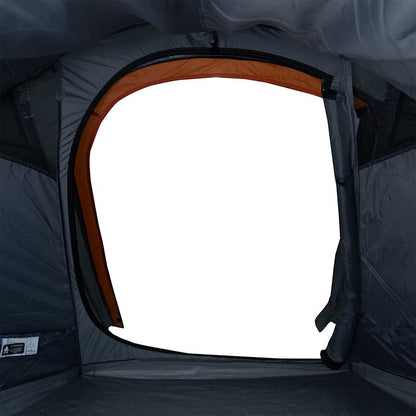 Detail van de ingang van de vidaXL tunneltent met oranje rand en gaasventilatie.