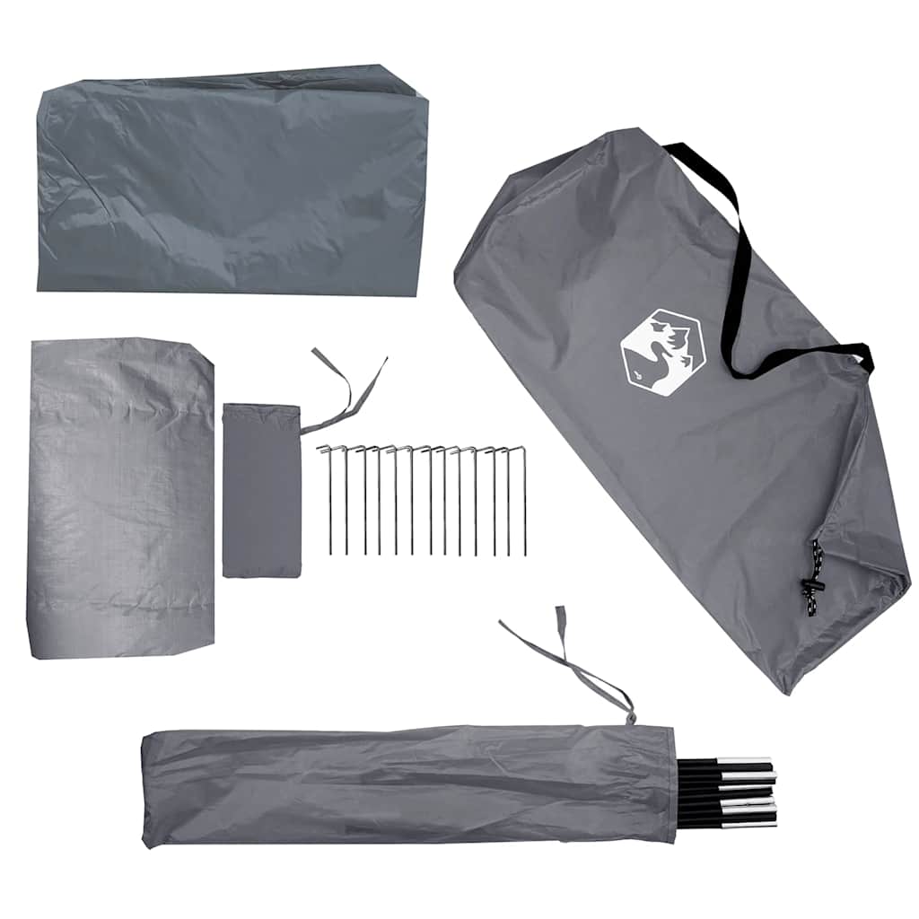 Detail van de grijze tentaccessoires, inclusief stokken en haringen van vidaXL.