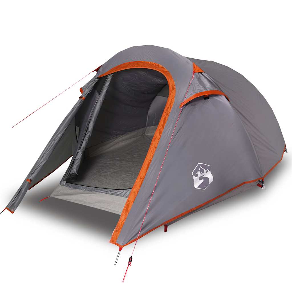 Detail van de vidaXL tunneltent in grijs met oranje accenten, zijaanzicht met open ingang.