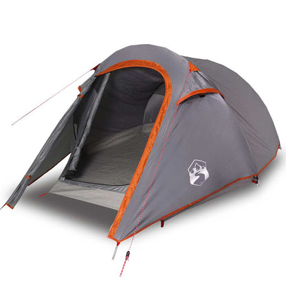 Detail van de vidaXL tunneltent in grijs met oranje accenten, zijaanzicht met open ingang.