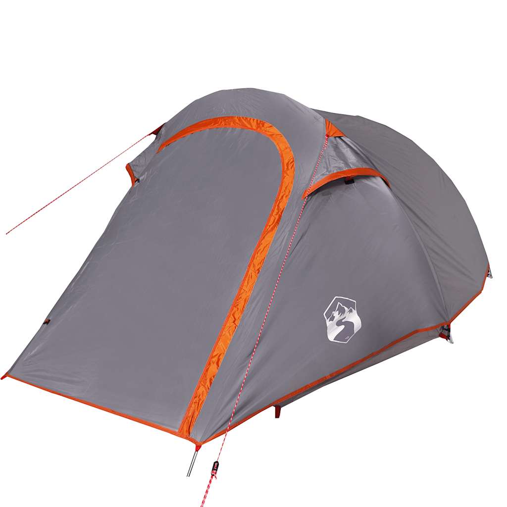 Detail van de grijze vidaXL tunneltent met oranje accenten, zijaanzicht.