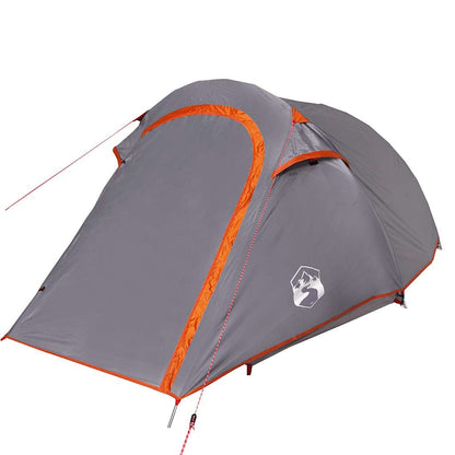 Detail van de grijze vidaXL tunneltent met oranje accenten, zijaanzicht.