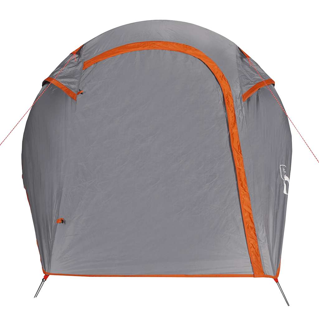 Detail van de grijs-oranje vidaXL tunneltent met de ingang aan de voorkant.