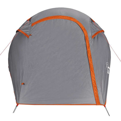 Detail van de grijs-oranje vidaXL tunneltent met de ingang aan de voorkant.