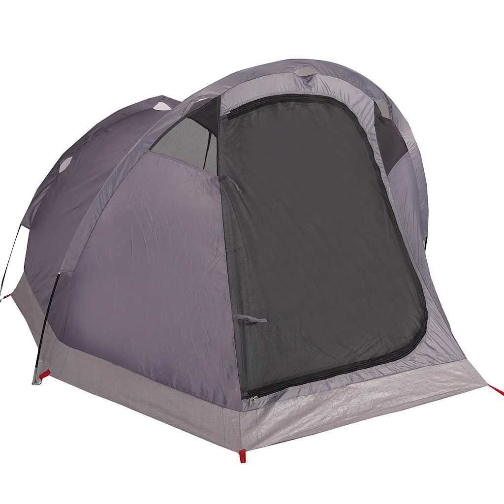 Detail van de grijs-oranje vidaXL tunneltent met een gaasdeur en waterdichte bekleding.