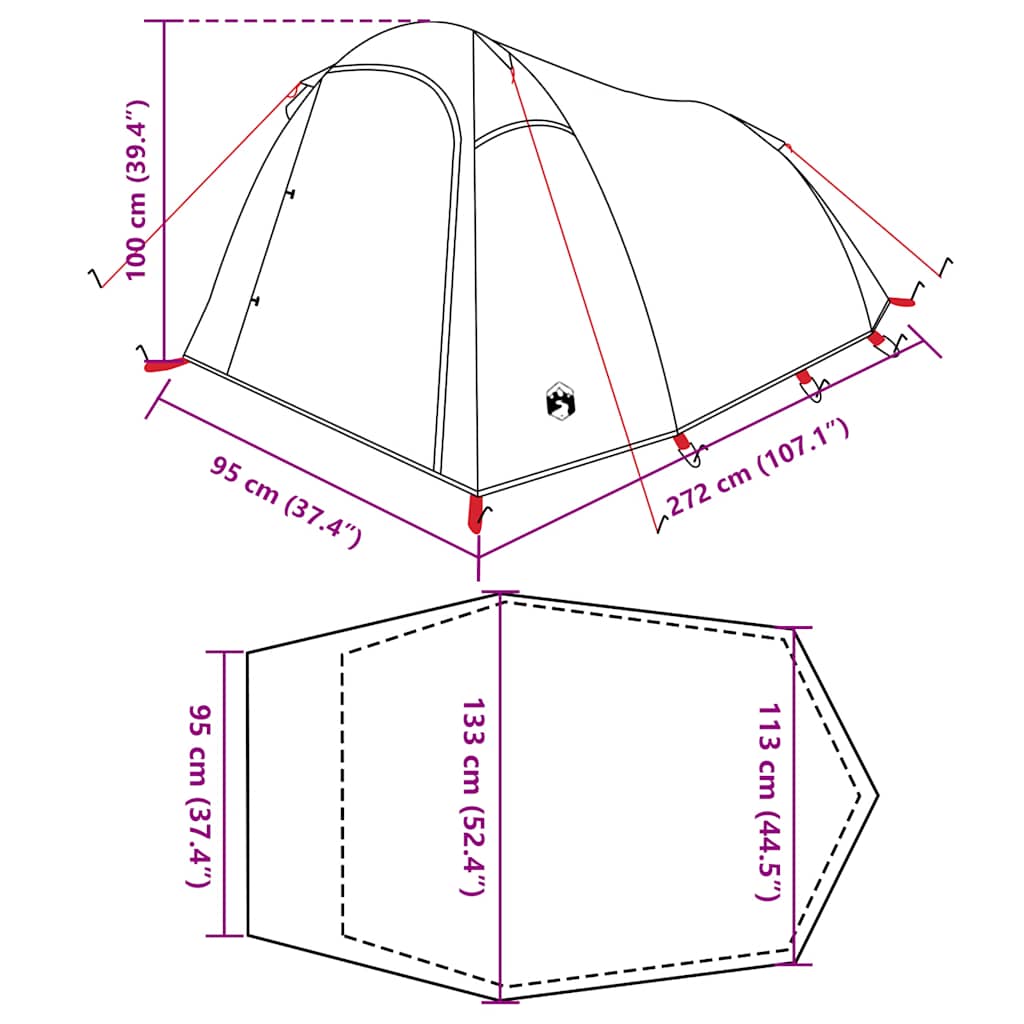 Detail van de vidaXL tunneltent met afmetingen en ontwerpkenmerken.