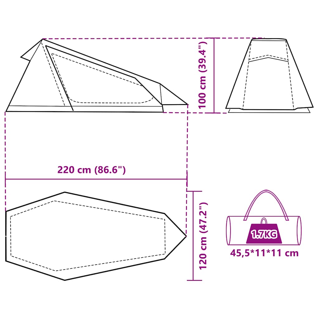 Detail van de afmetingen van de vidaXL 1-persoons tunneltent, met een lichtgewicht ontwerp.