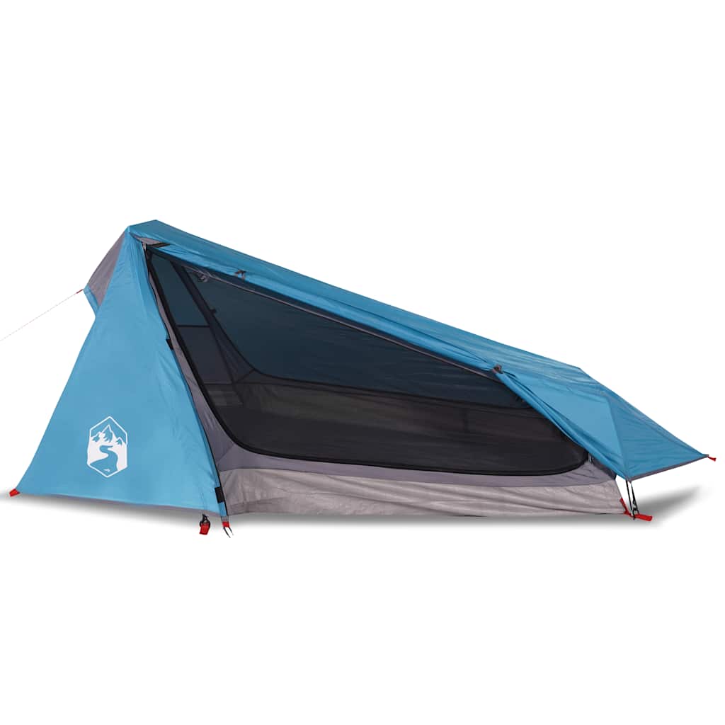 Detail van de vidaXL 1-persoons tunneltent in blauw met muggennet en zijaanzicht.