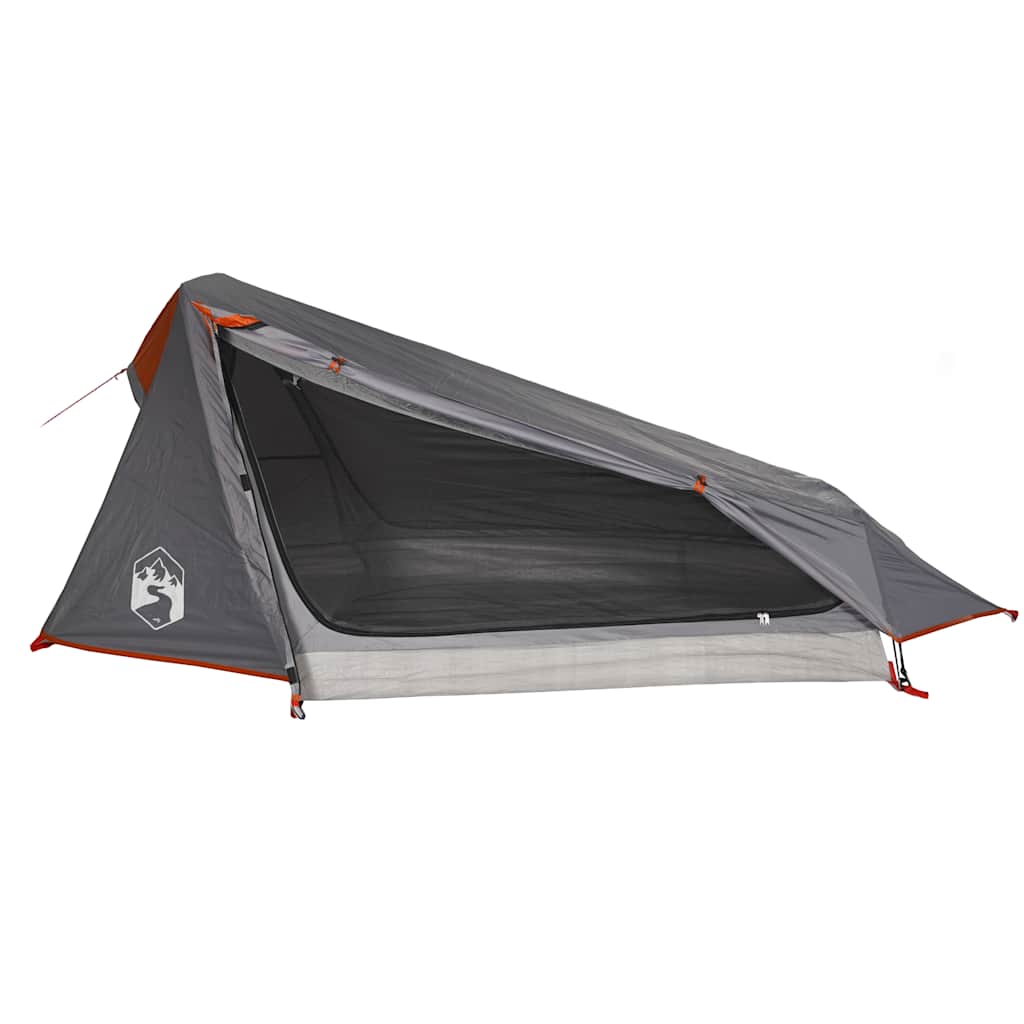 Detail van de vidaXL tunneltent met grijze en oranje kleuren, zijaanzicht met open ingang.