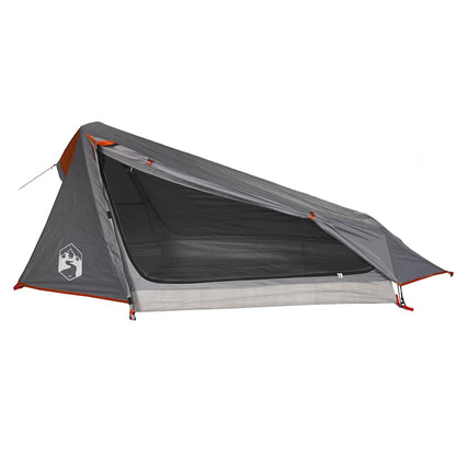 Detail van de vidaXL tunneltent met grijze en oranje kleuren, zijaanzicht met open ingang.