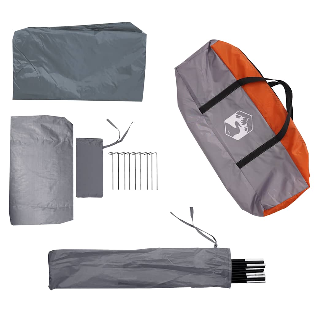 Detail van de grijze en oranje tentaccessoires, inclusief stokken en haringen van vidaXL.