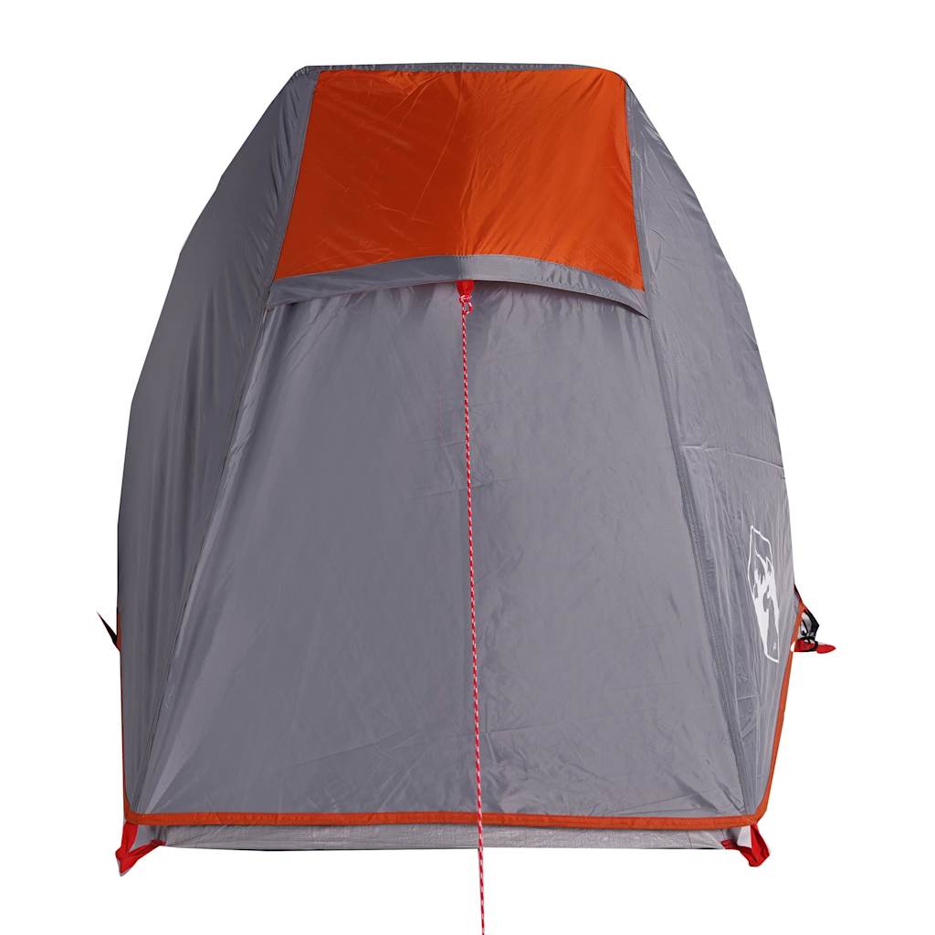 Detail van de grijs-oranje vidaXL tunneltent met een waterdichte voorzijde en ventilatierooster.
