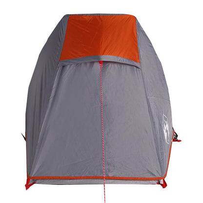 Detail van de grijs-oranje vidaXL tunneltent met een waterdichte voorzijde en ventilatierooster.