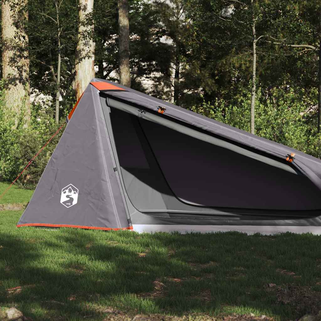 vidaXL 1-persoons tunneltent in grijs en oranje, zijaanzicht met open ingang in de natuur.