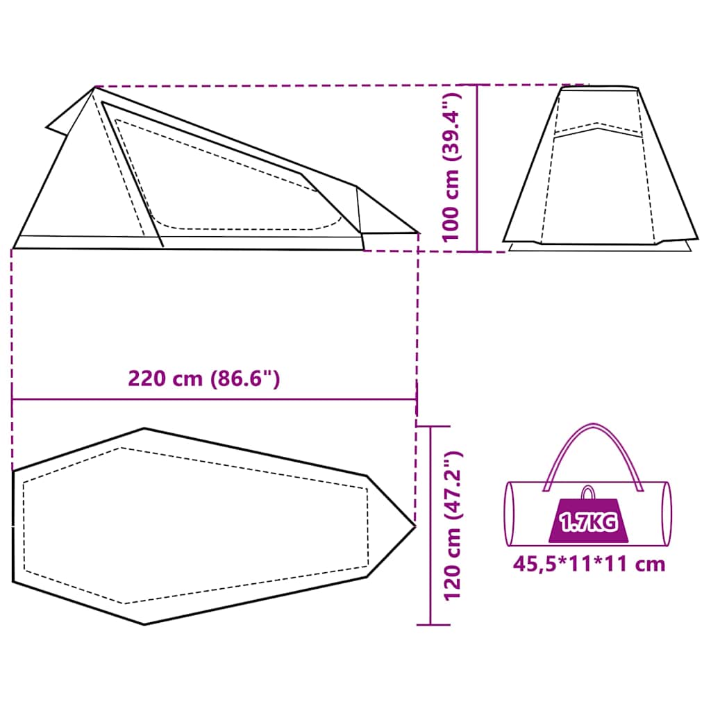 Zijaanzicht van de vidaXL Tunneltent met afmetingen en opbergtas.