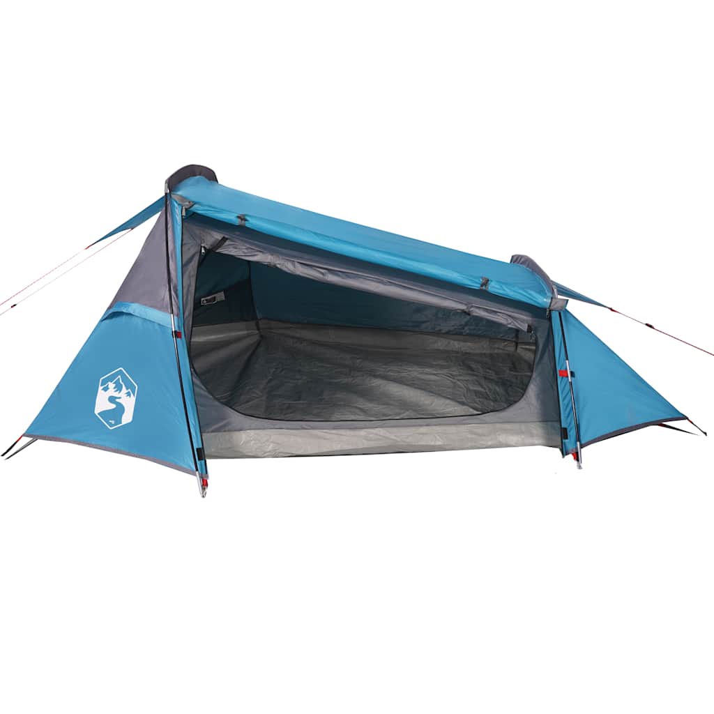 Zijaanzicht van de vidaXL 2-persoons tunneltent in waterdicht blauw, met open ingang.