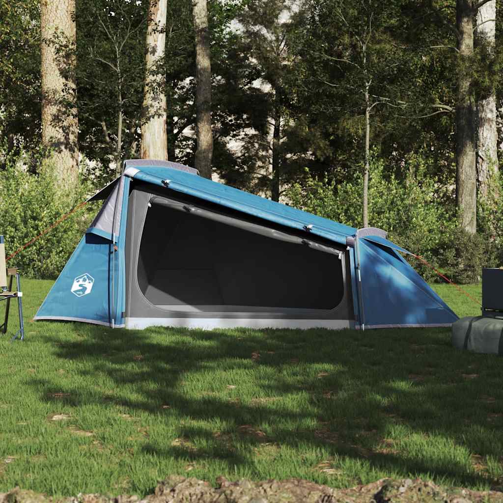 Zijaanzicht van de vidaXL 2-persoons tunneltent in blauw, met open ingang en gaaswand.