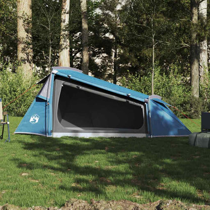 Zijaanzicht van de vidaXL 2-persoons tunneltent in blauw, met open ingang en gaaswand.