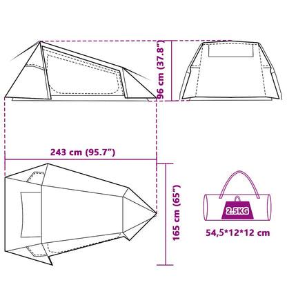 Detail van de vidaXL 2-persoons tunneltent met afmetingen en draagtas.