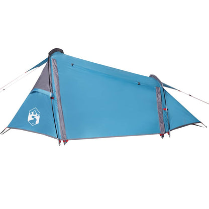 Zijaanzicht van de blauwe vidaXL 2-persoons tunneltent met open ingang.