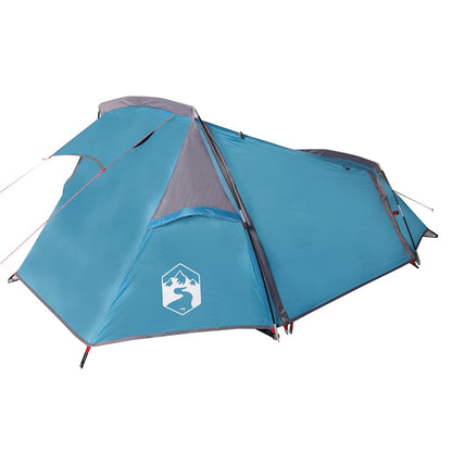 Detail van de blauwe vidaXL tunneltent met waterdichte stof en ventilatieopeningen.