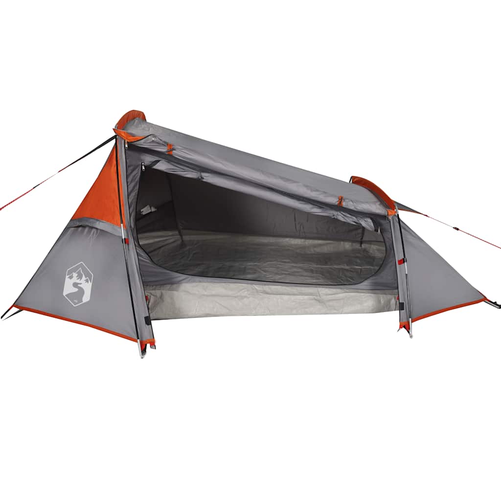 Detail van de vidaXL 2-persoons tunneltent in grijs en oranje, zijaanzicht met open ingang.
