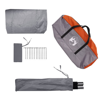 Grijze en oranje vidaXL tunneltent met accessoires, waaronder haringen en een opbergtas.