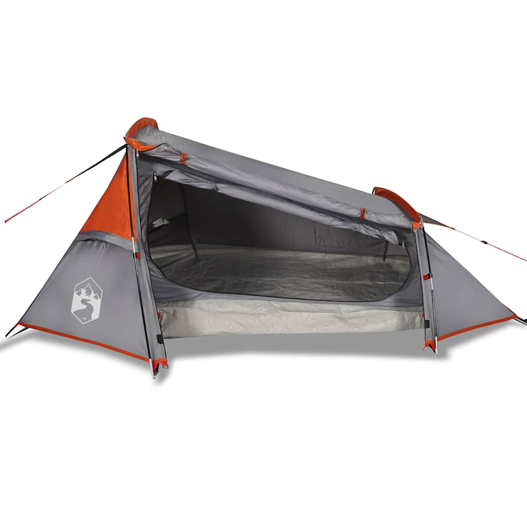 Detail van de grijze en oranje vidaXL tunneltent met open ingang en zicht op de binnenruimte.