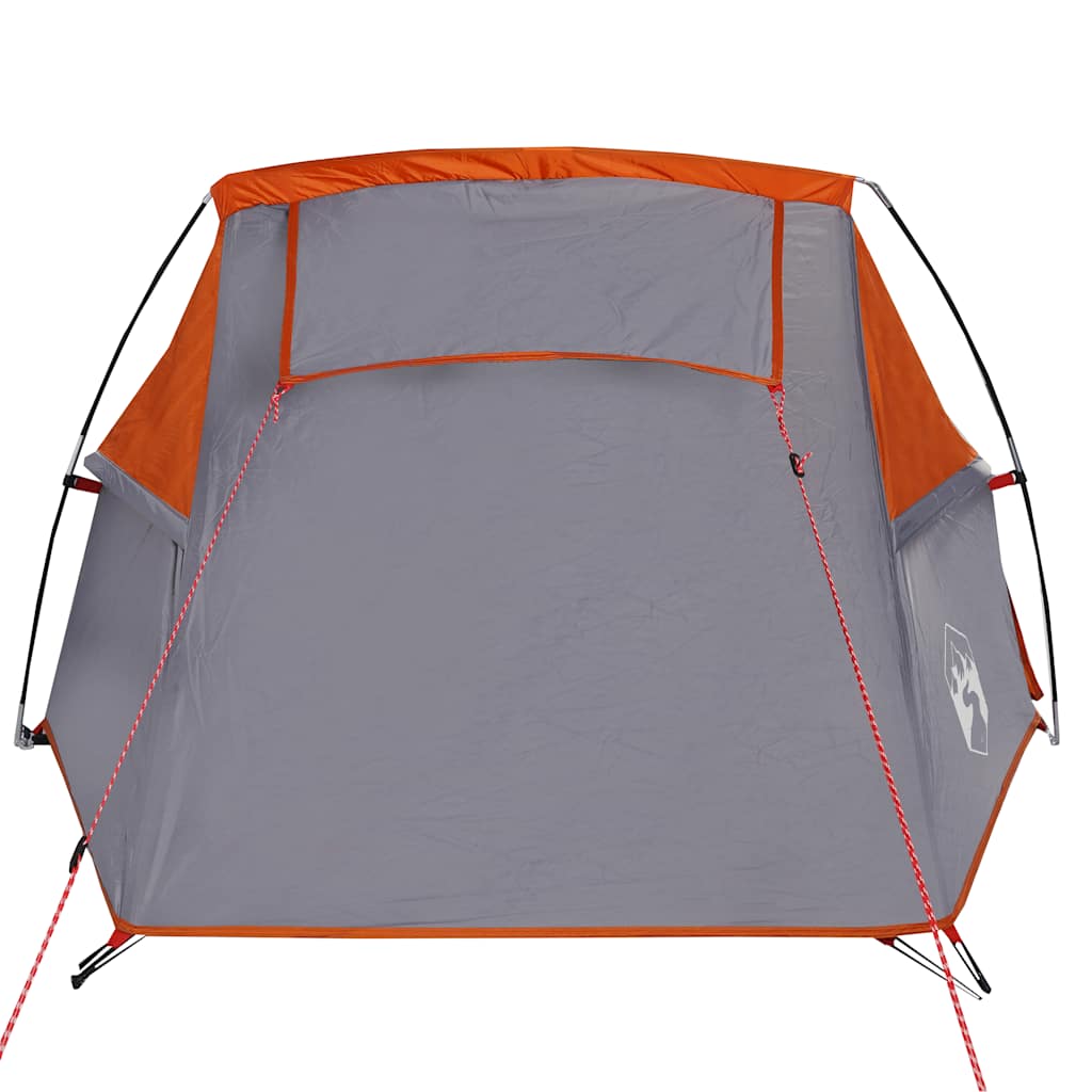 Detail van de grijs-oranje vidaXL tunneltent met zicht op de achterzijde en ventilatierooster.