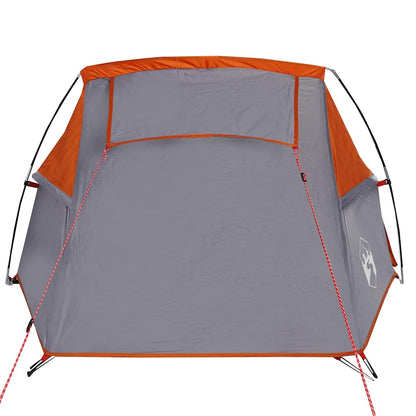 Detail van de grijs-oranje vidaXL tunneltent met zicht op de achterzijde en ventilatierooster.