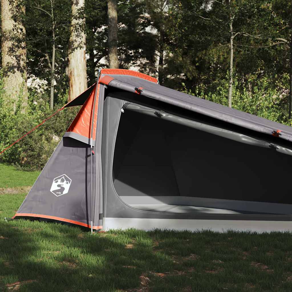 Grijze en oranje vidaXL tunneltent met open ingang in een groene omgeving.