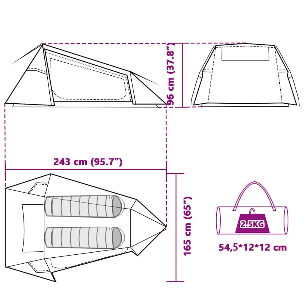 Detailweergave van de vidaXL 2-persoons tunneltent met afmetingen en opslagzak.