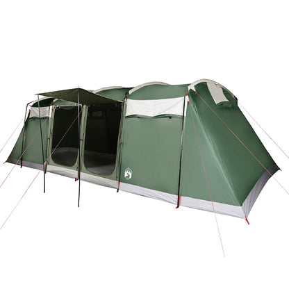 Zijaanzicht van de vidaXL 8-persoons tunneltent in groen met luifel en ventilatieroosters.