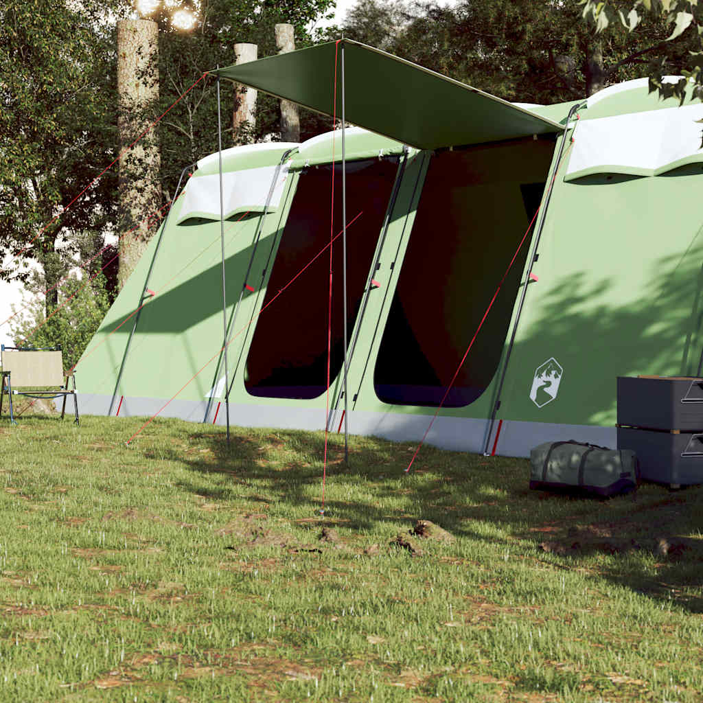 Zijaanzicht van de vidaXL tunneltent met open luifel en groene kleur.