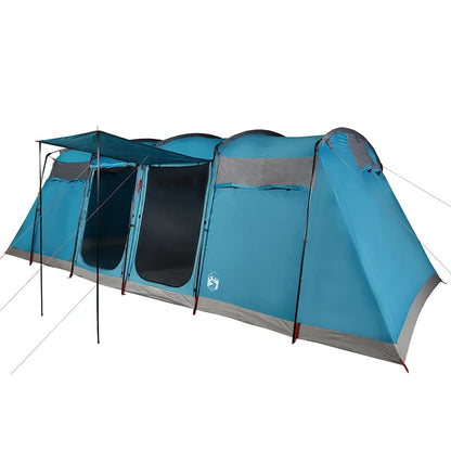 Detail van de vidaXL tunneltent in blauw met zijluifel en ventilatieroosters.