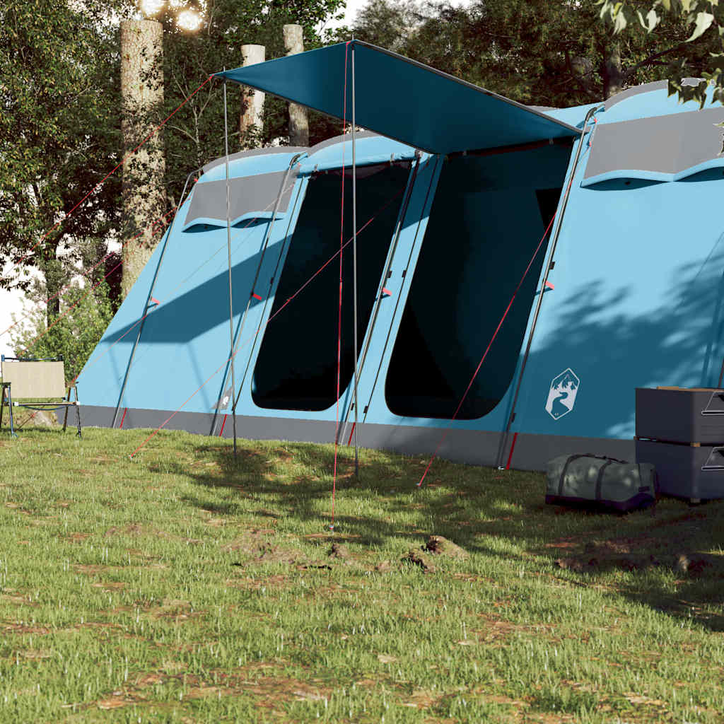 Detail van de blauwe vidaXL tunneltent met openstaande luifel en ventilatiepanelen.