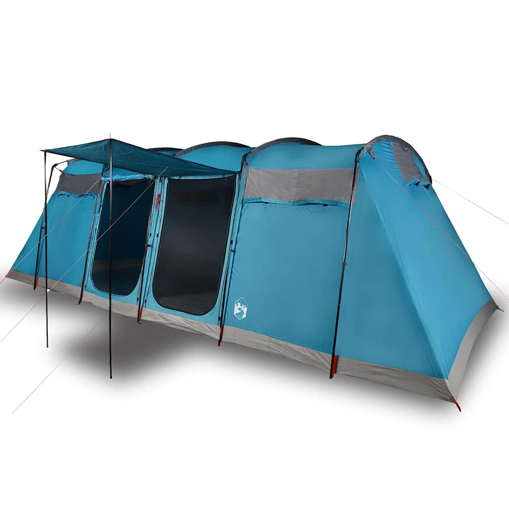Zijaanzicht van de vidaXL 8-persoons tunneltent in blauw met een afdak.