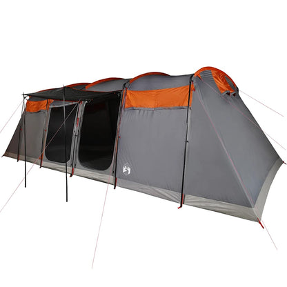Zijaanzicht van de vidaXL tunneltent voor 8 personen, grijs met oranje accenten.