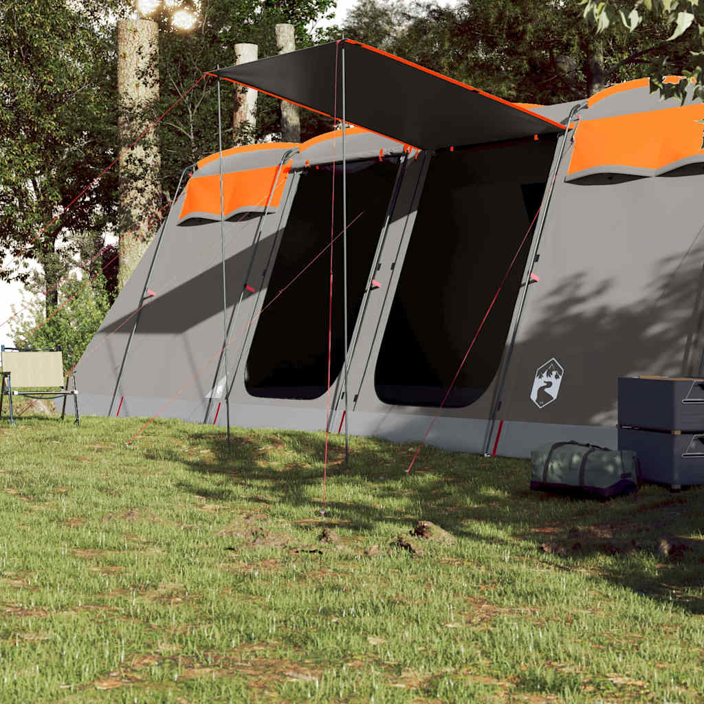 Detail van de vidaXL tunneltent met oranje accenten en openstaande luifel.