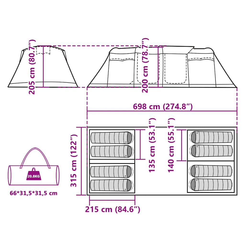 Technische tekening van de vidaXL 8-persoons tunneltent met afmetingen en indeling.