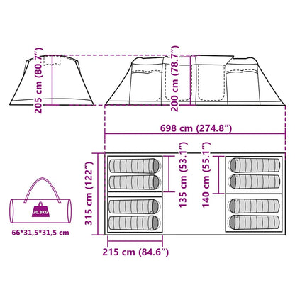 Technische tekening van de vidaXL 8-persoons tunneltent met afmetingen en indeling.